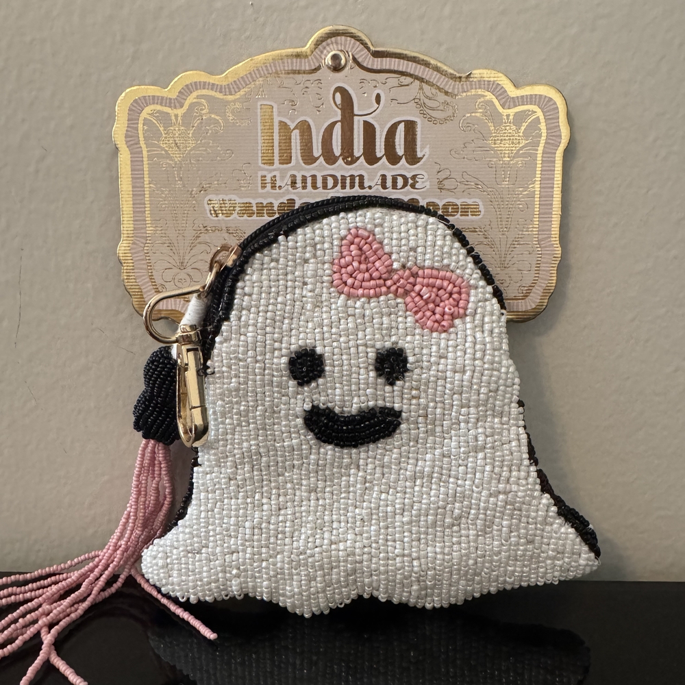 Pink Bow Beaded Ghost Coin Purse | India Handmade NWT